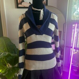 Vintage American Eagle Navy & Cream Striped Shawl Collar Sweater